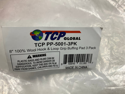 (3) TCP Global PP-5001-3PK Polishing / Buffing Hook & Loop Pads, 8'' - 100% Wool