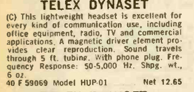 VINTAGE Antique Telex Dynaset Headset HUP-01, 15 Ohms