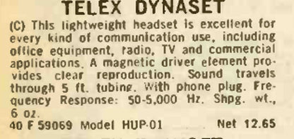 VINTAGE Antique Telex Dynaset Headset HUP-01, 15 Ohms