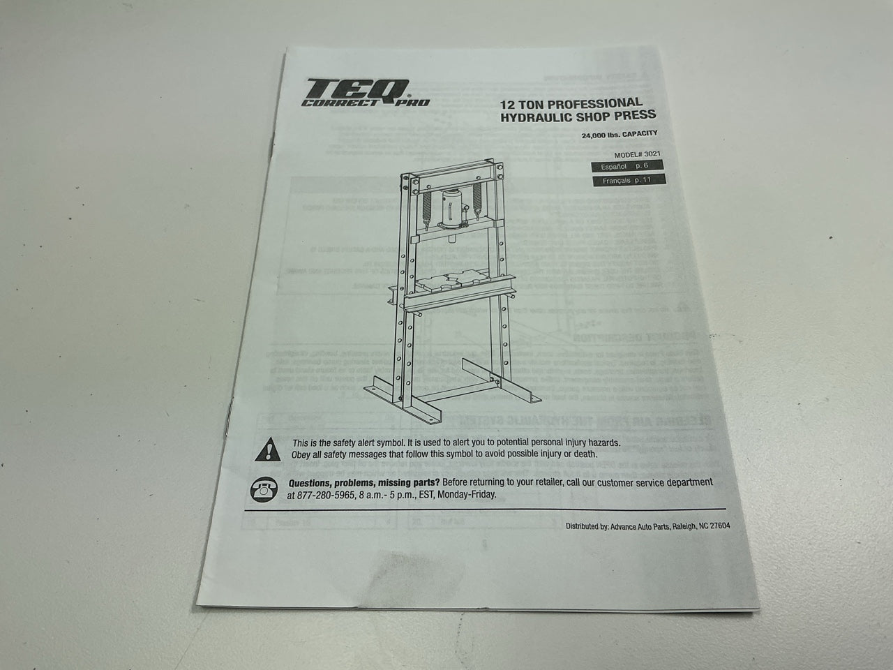 TEQ 3021 12-Ton Professional Hydraulic Shop Press