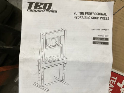 TEQ 3022 Professional 20-Ton Hydraulic Shop Press, 40,000 Lbs