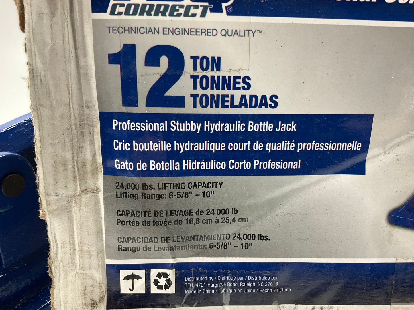 TEQ 3113 Automotive Bottle Jack 12 Ton Capacity, 6-5/8''-10'' Lift Range