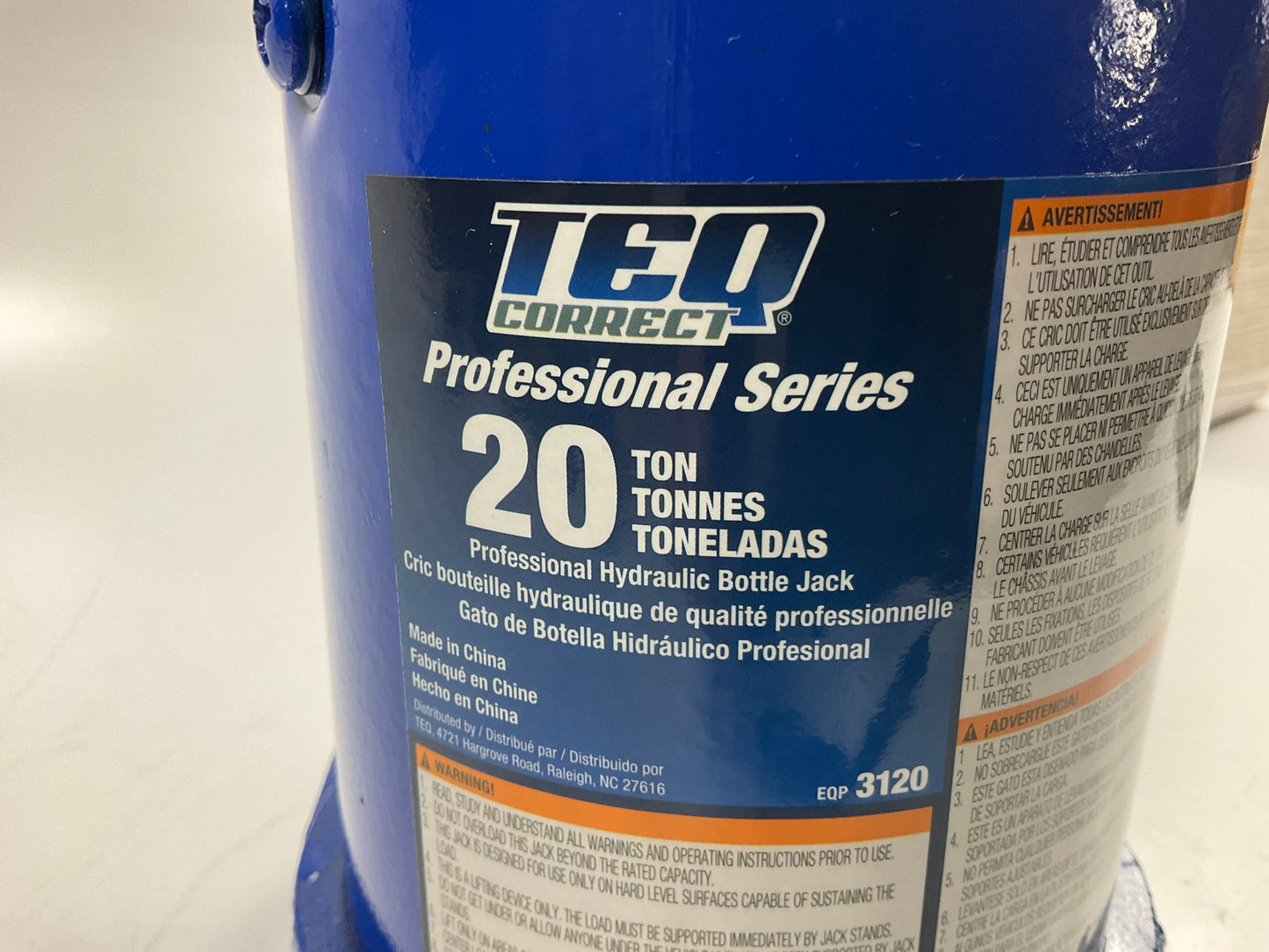 TEQ 20 Ton Professional Hydraulic Bottle Jack, Lifting Range 10-7/8'' - 18-3/8''