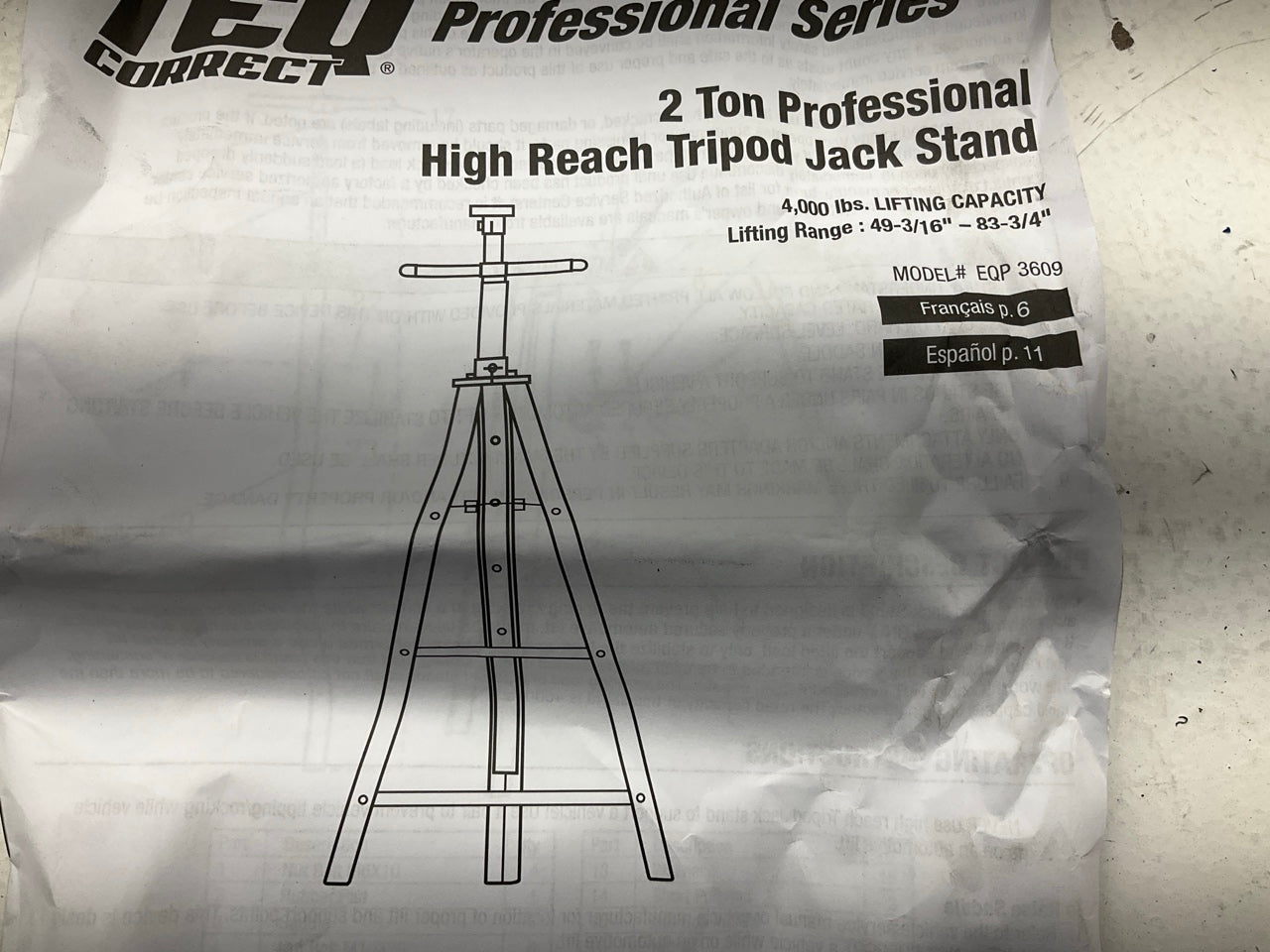 TEQ 3609 2 Ton Preofessional High Reach Tripod Jack Stand 49-3/16'' - 83-3/4''