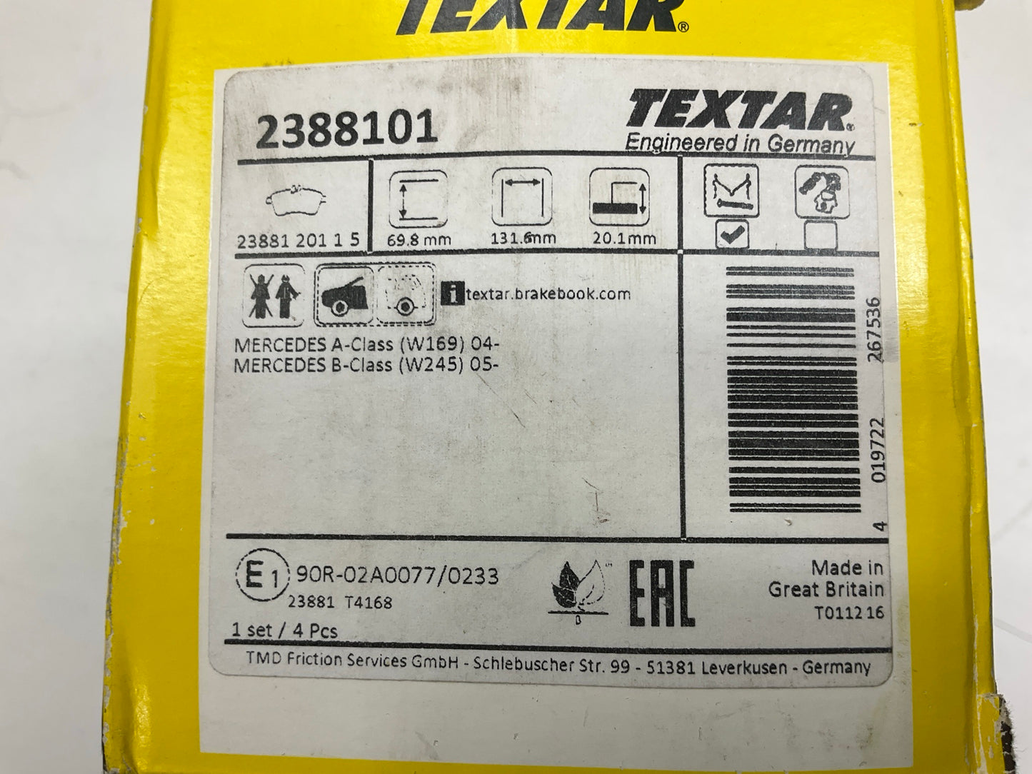 Textar 2388101 Front Brake Pads - For Mecedes Benz W169, W245, A1694201920