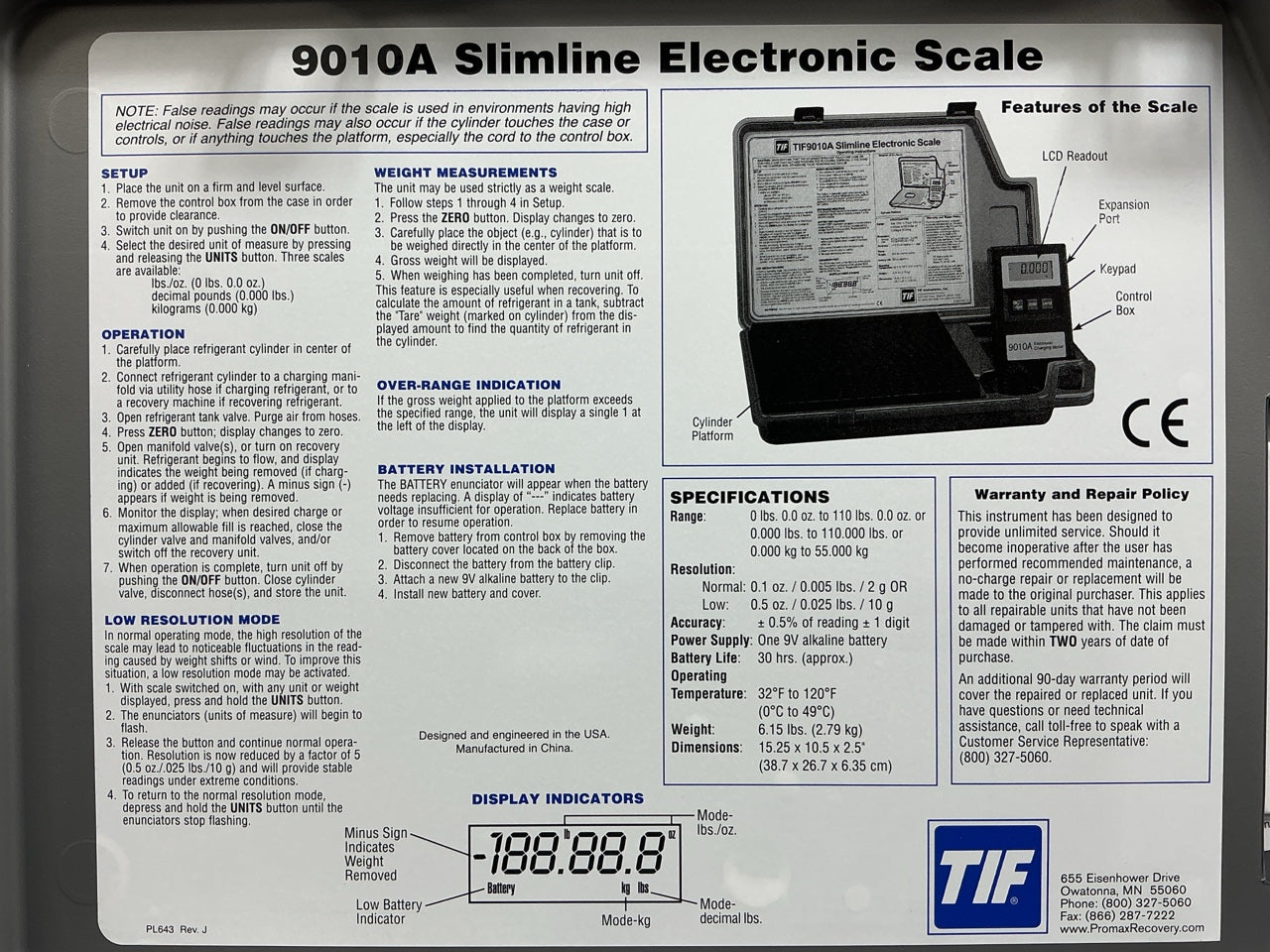 TIF TIF9010A Slimline Refrigerant Electronic Charging / Recover Scale