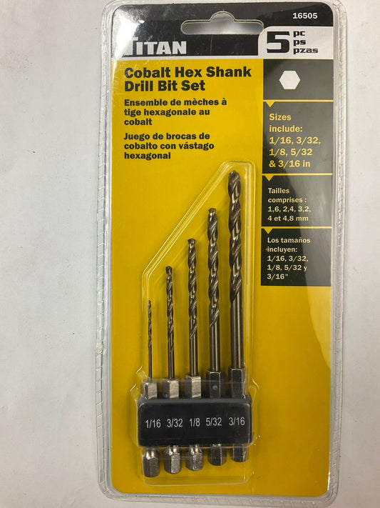 Titan 16505 5 Piece Hex Shank Drill Bit Set: 1/16'', 3/32'', 1/8'', 5/32'', 3/16''