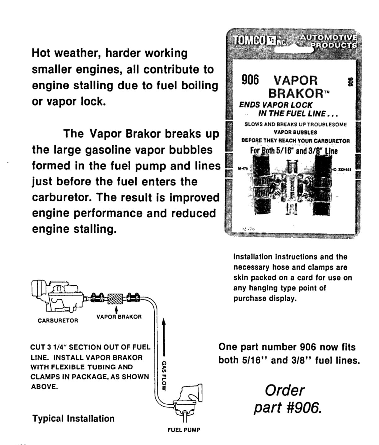 Tomco 906 Mechanical Fuel Pump Fuel Line Vapor Lock Brakor