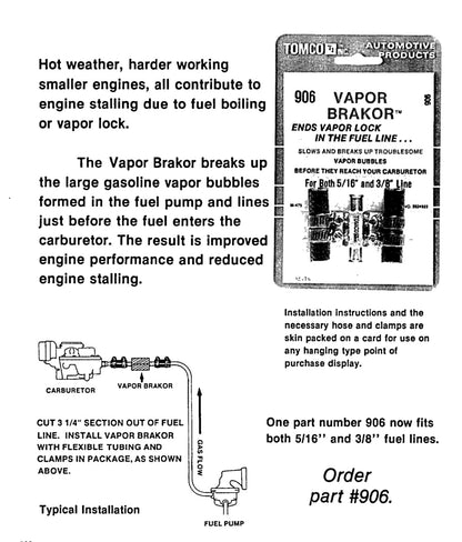 Tomco 906 Mechanical Fuel Pump Fuel Line Vapor Lock Brakor