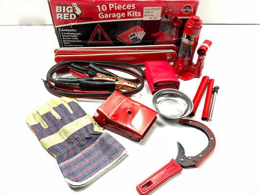 Torin T82218 10 PC Big Red Garage Kit - 2-Ton Bottle Jack, Booster Cables + More