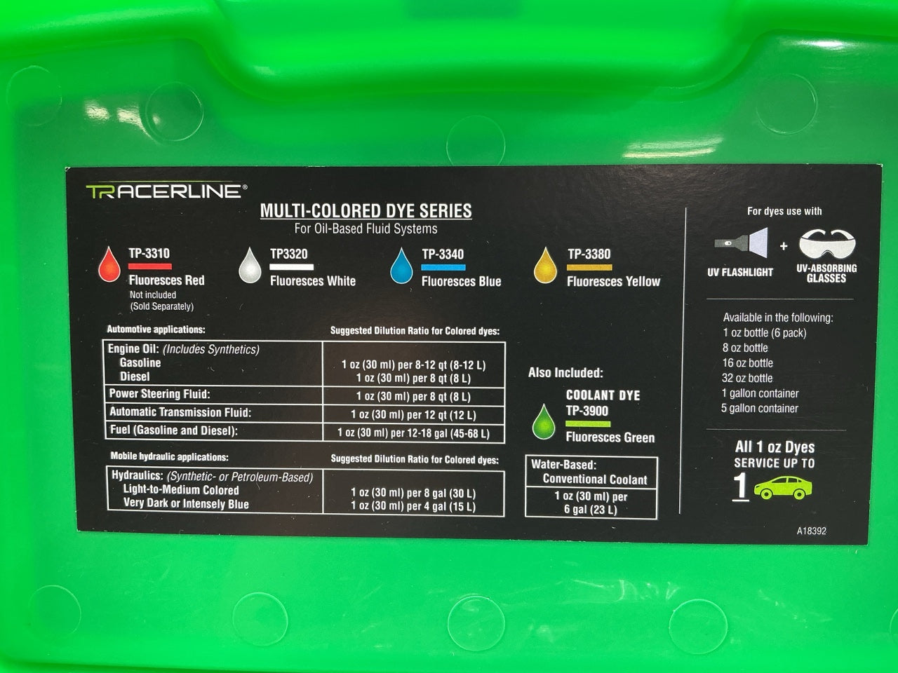 Tracerline TPUV92 Multi-Colored UV Fluid Dye Leak Detection Leak Detect Tool Kit