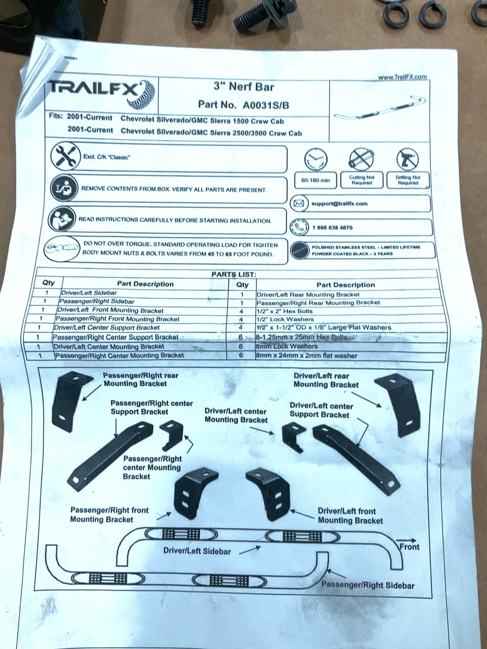MISSING WASHERS - Trailfx A0031S Nerf Bars 3'' Stainless Tube Steps, Crew Cab