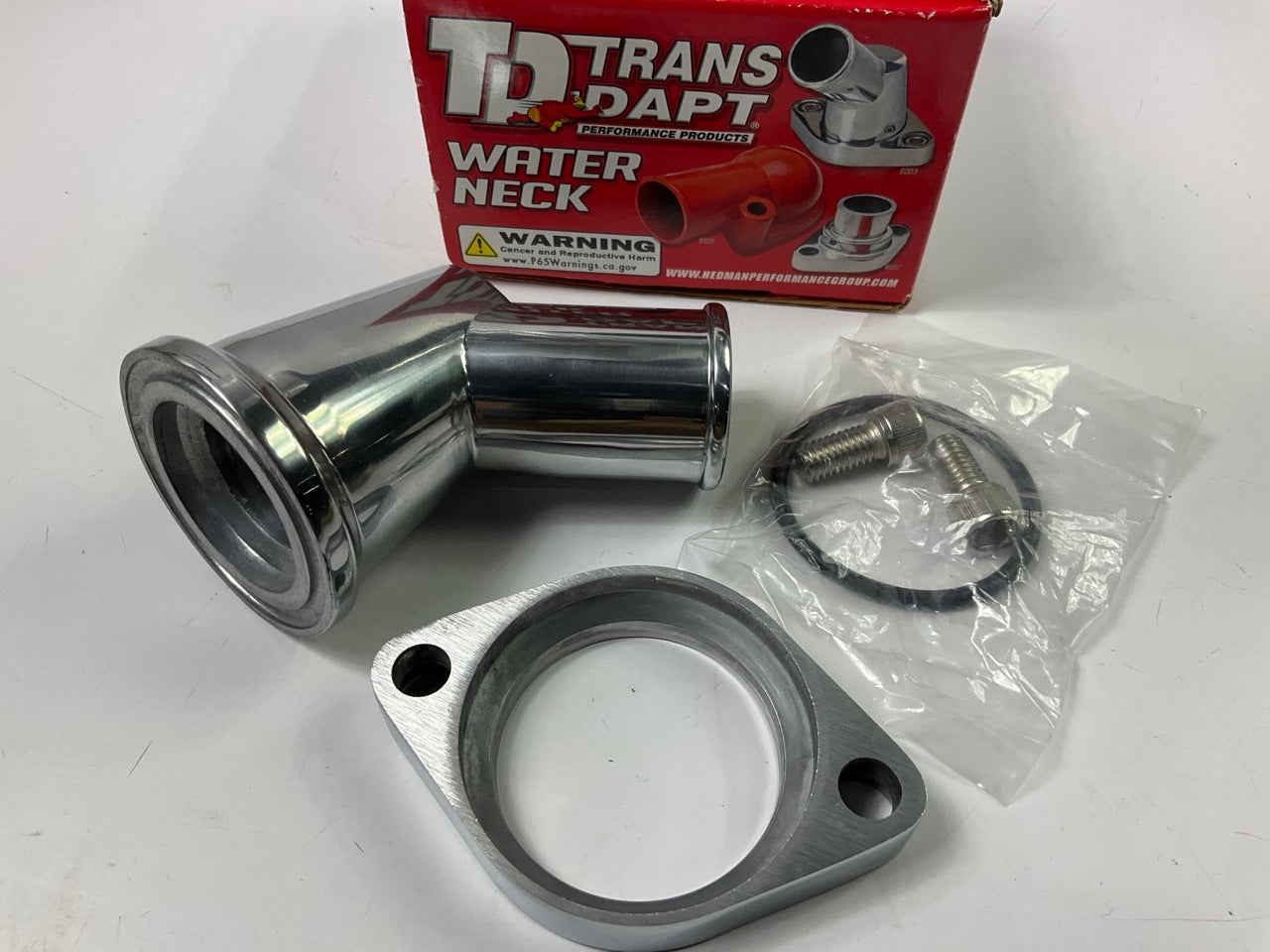 Trans-dapt 6003 Polished Aluminum Water Neck, 45 Deg Swivel, 66-75 Chevy SBC BBC