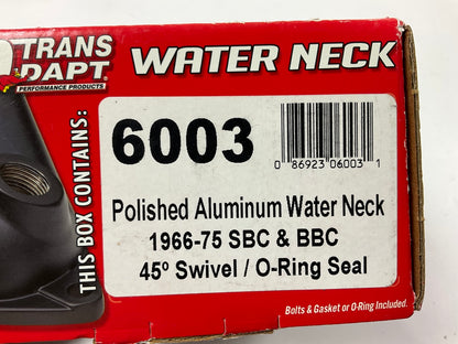 Trans-dapt 6003 Polished Aluminum Water Neck, 45 Deg Swivel, 66-75 Chevy SBC BBC