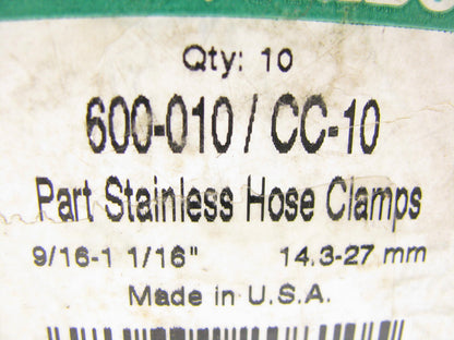(10) Tridon 600-010 9/16'' To 1-1/16'' Worm Gear Hose Clamps