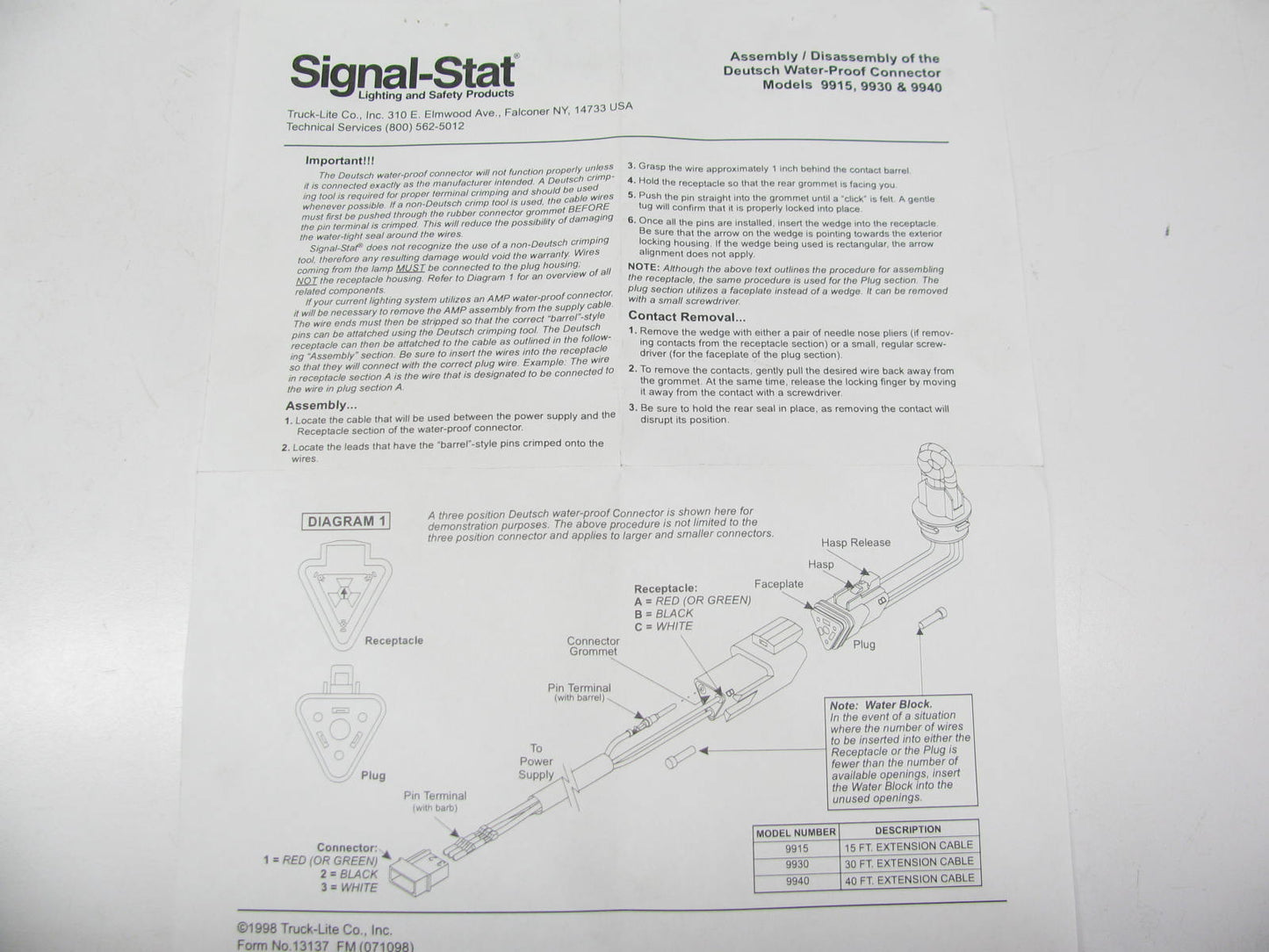 Signal-Stat 40ft. Strobe Power Supply Cable W/3-pin Deutsch Connector- 9915 9940