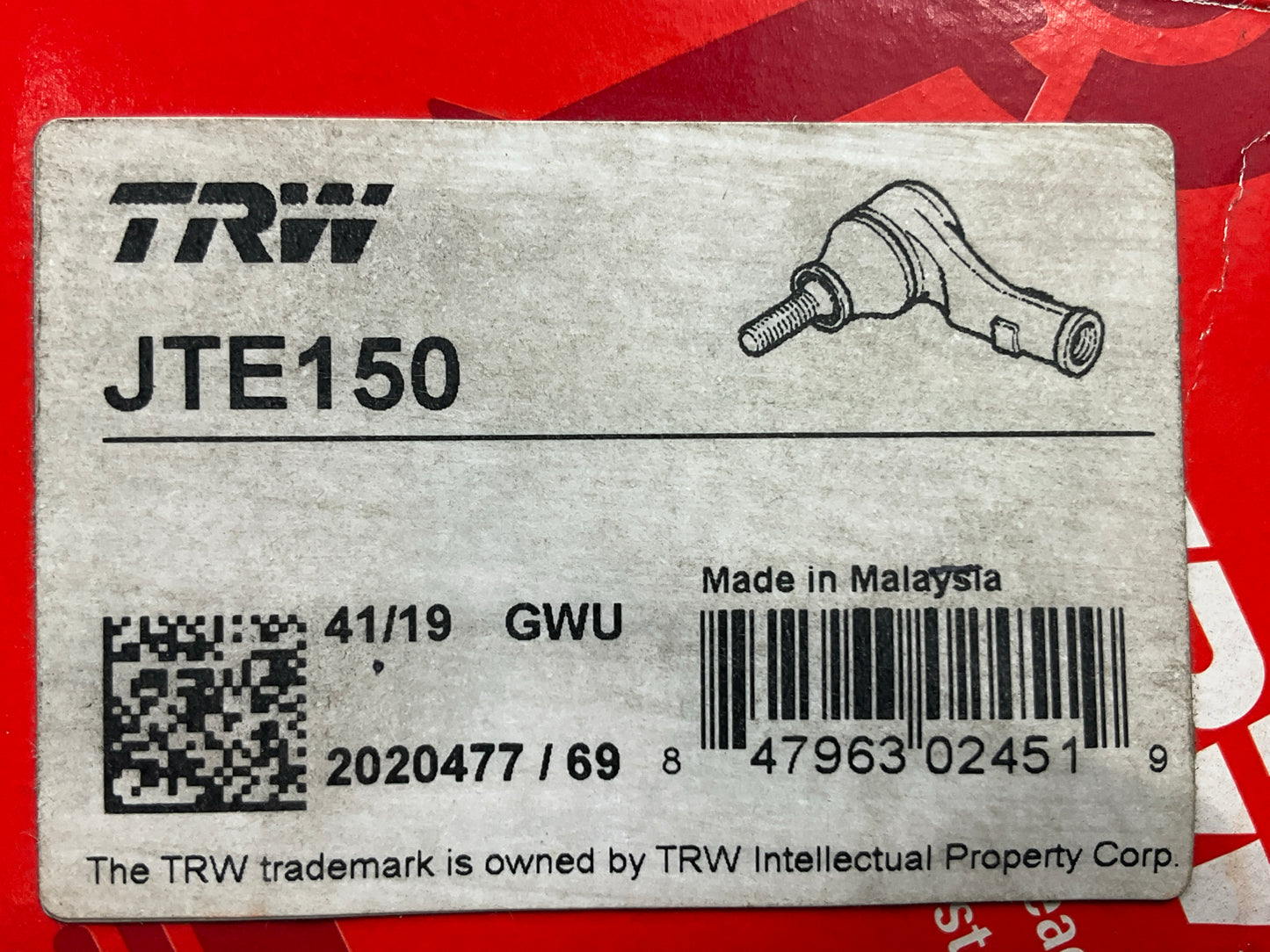 (2) TRW JTE150 Front Outer Steering Tie Rod End