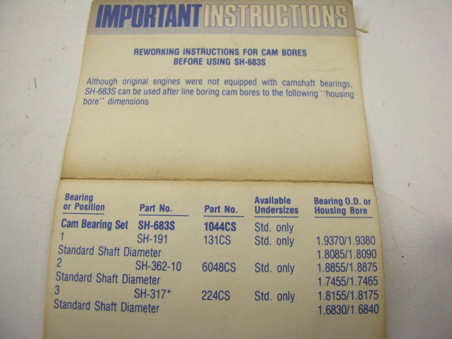 TRW SH-683S Engine Cam Bearings - Standard For Continental Z120 Z129 Z134 Z145