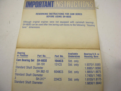 TRW SH-683S Engine Cam Bearings - Standard For Continental Z120 Z129 Z134 Z145