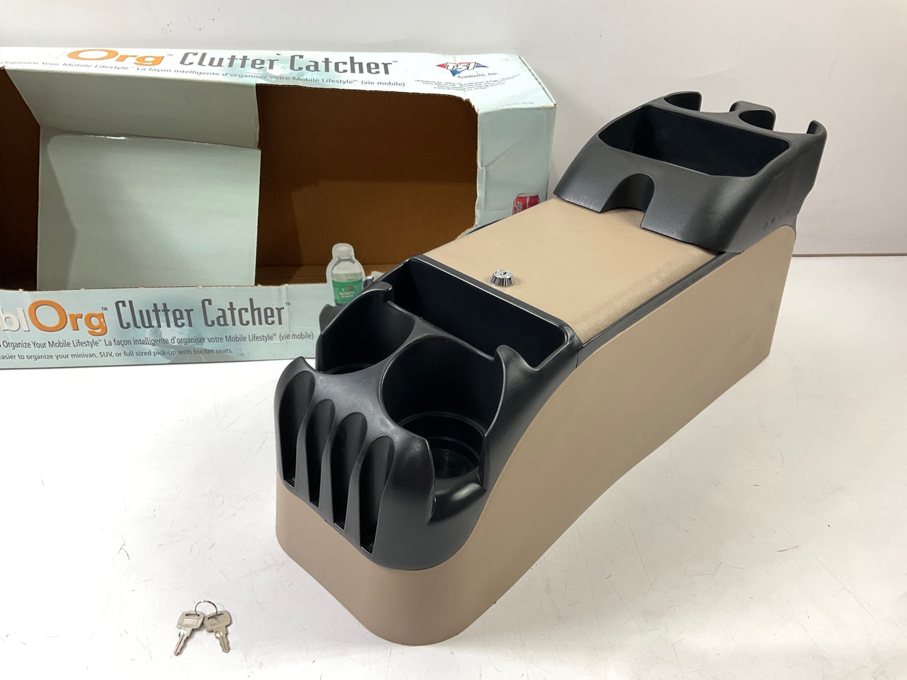 TSI 54214 Universal Truck SUV Clutter Catch Center Console, Tan, With Cup Holder