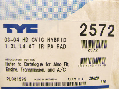 TYC 2572 Radiator Assembly For 2003-2005 Honda Civic HYBRID