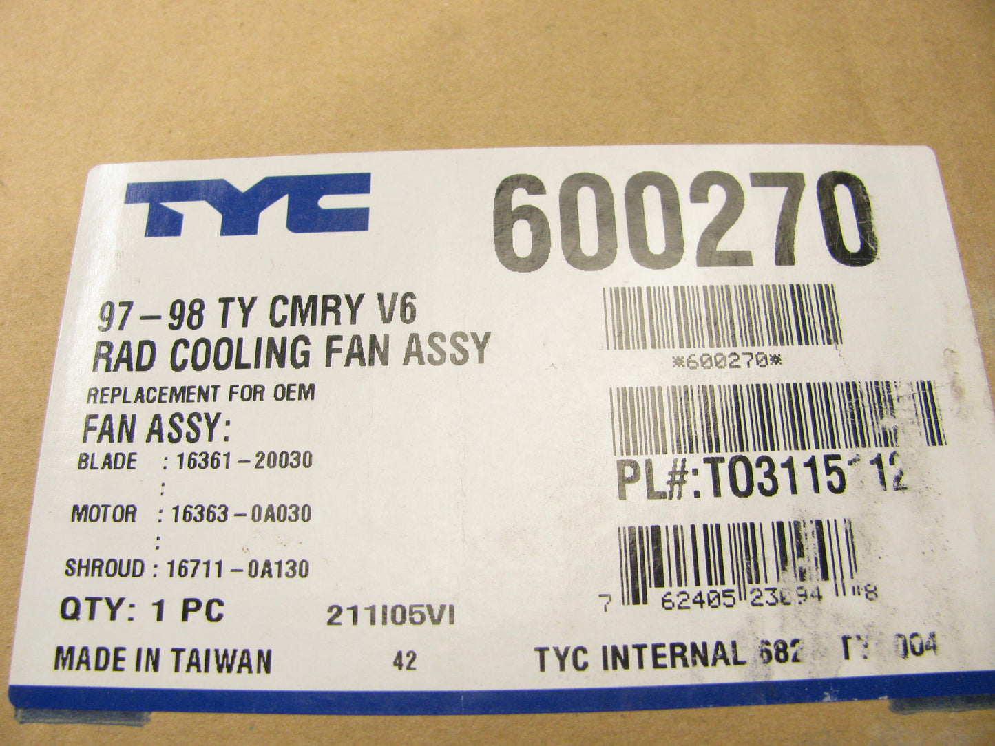 TYC 600270 Engine Cooling Fan Assembly For 1997-1998 Camry, ES300 3.0L-V6