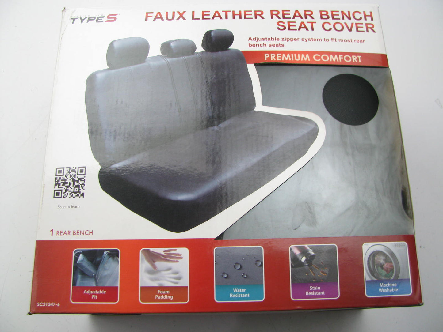Type S SC31347-6 Type S Faux Leather Rear Seat Cover W/ Adjustable Zipper System