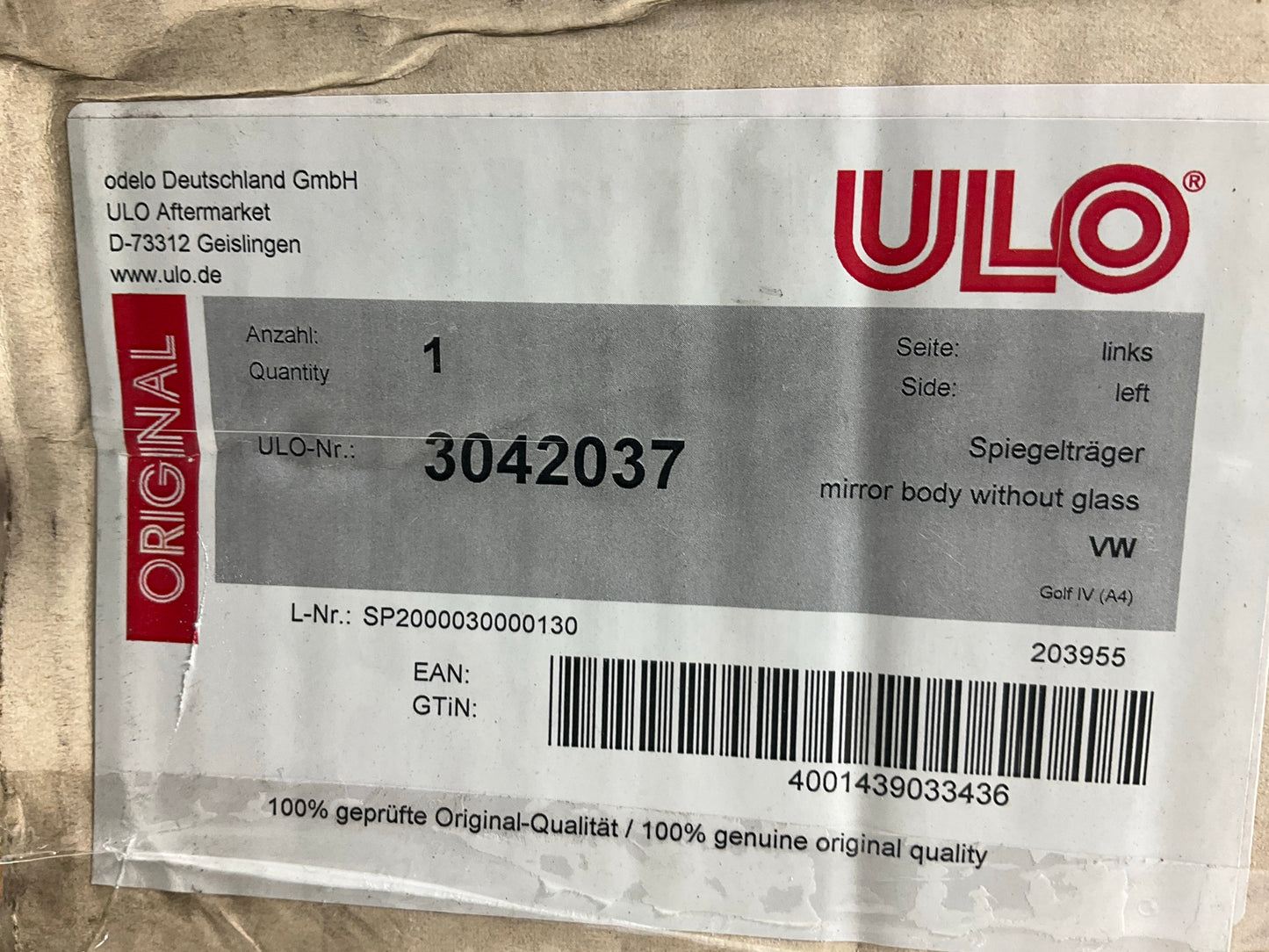 ULO 3042037 Left Mirror Body Mirror Housing For 1998-2005 Volkswagen Golf