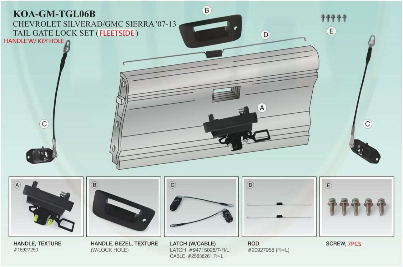 2007-2013 Silverado Sierra FLEETSIDE Complete Tailgate Repair Kit (WITH KEYHOLE)