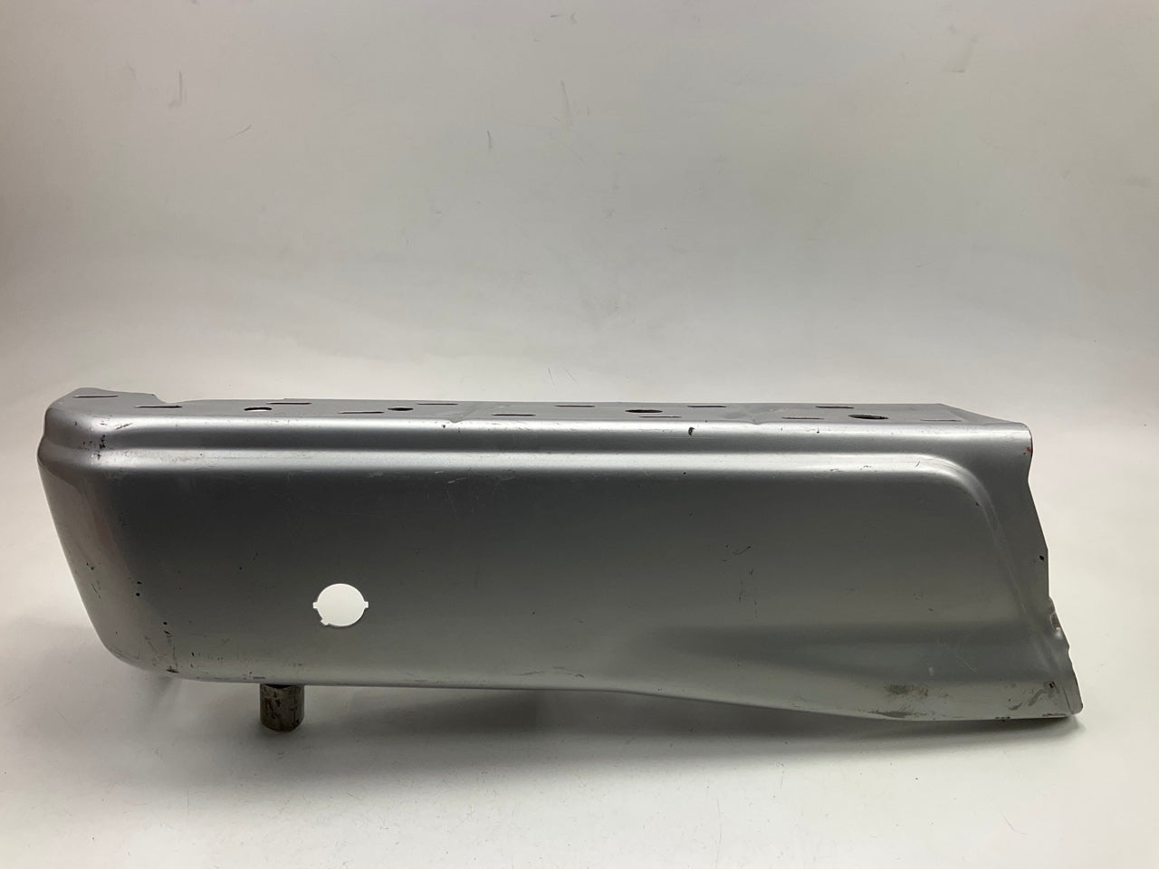 Used OEM Ford Rear Bumper Left End Cap, Silver, With Sensor Hole - 2015-20 F-150