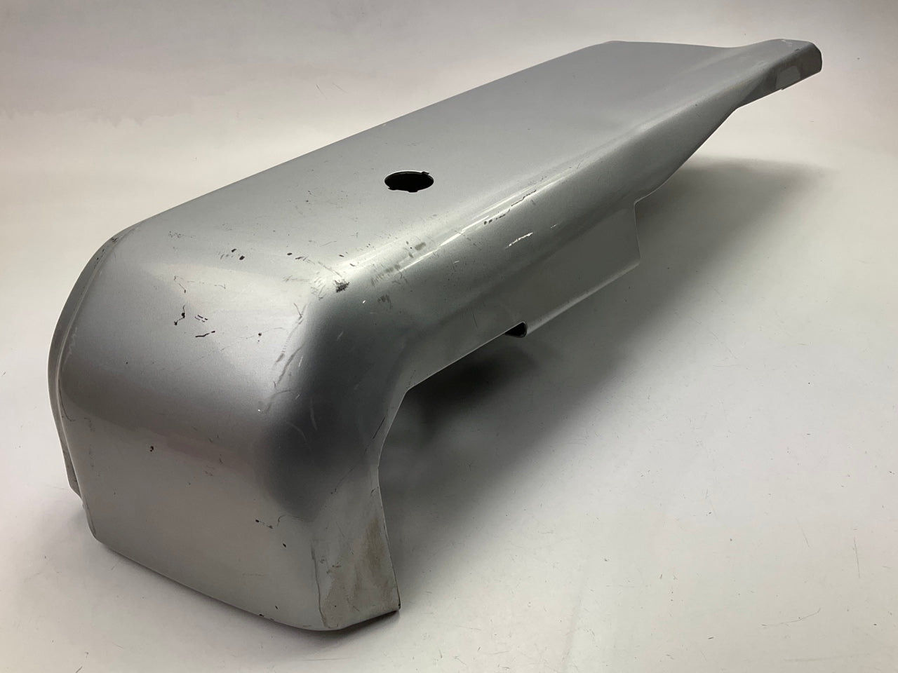 Used OEM Ford Rear Bumper Left End Cap, Silver, With Sensor Hole - 2015-20 F-150