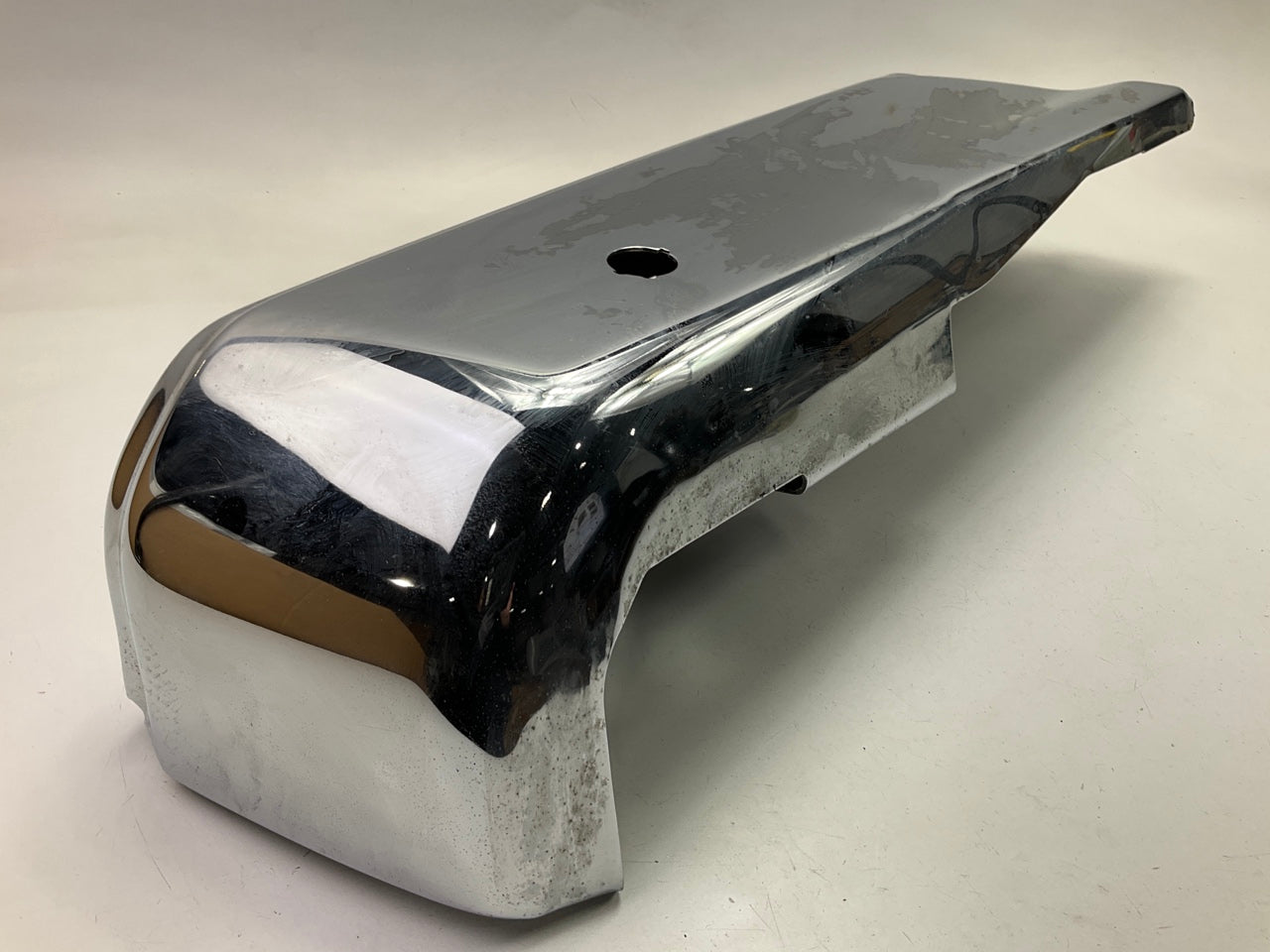 Used OEM Ford Rear Bumper Chrome Left End Cap With Sensor Hole, 15-20 F150 Truck