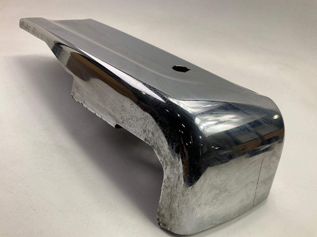 Used #54 OEM Ford Rear Bumper Right End Cap, CHROME, With Sensor Hole 21-23 F150