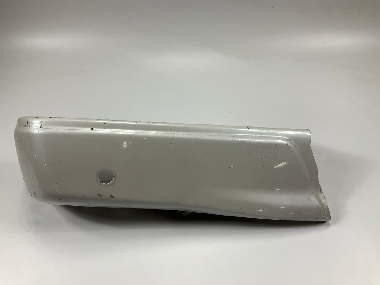 USED - White Platinum Rear Bumper Left End Cap - 2015-2020 F-150 W/ Sensor Hole