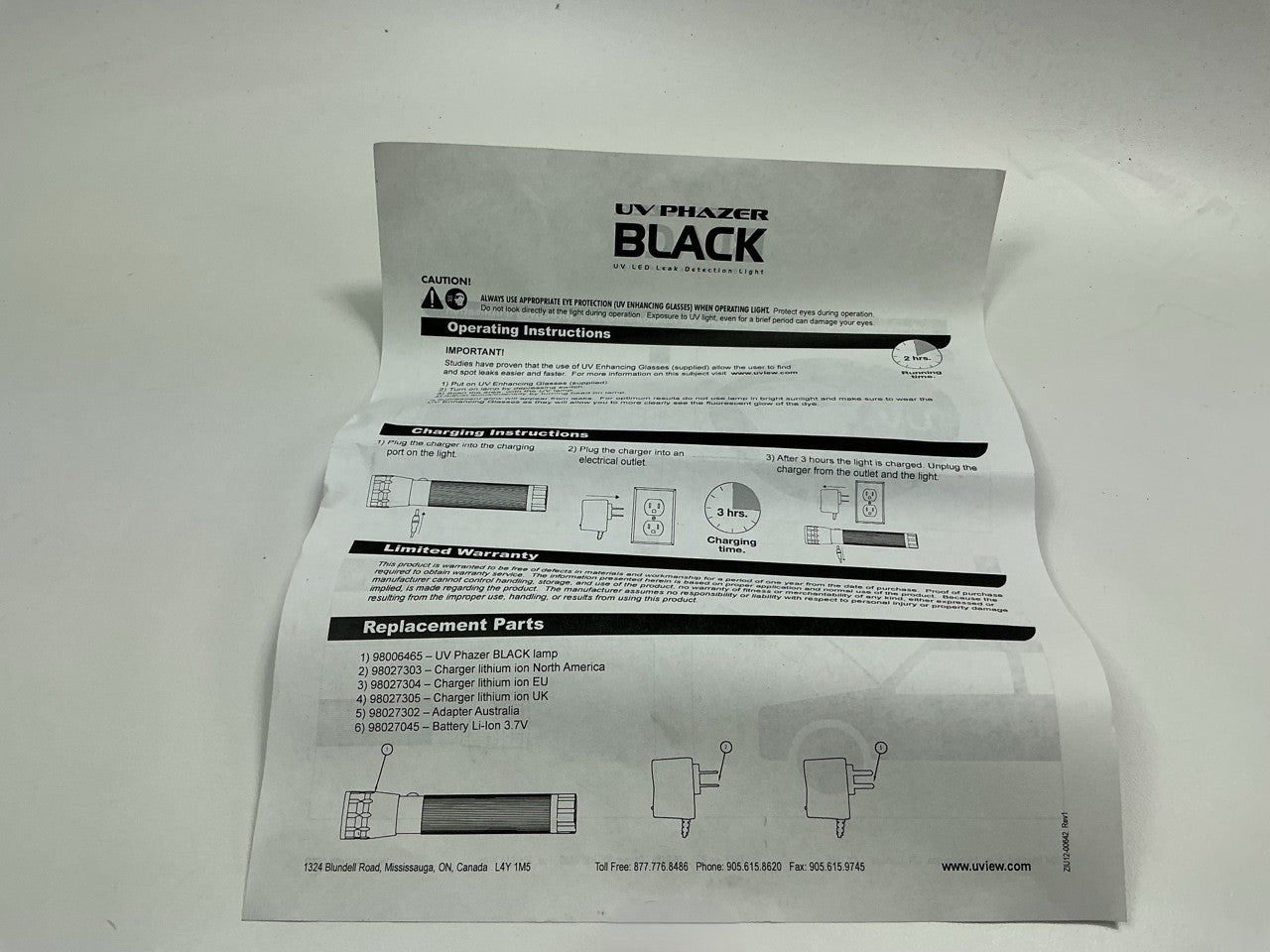 Uview 414565 Spotgun Jr/UV Phazer Black Rechargeable A/C Leak Detect Tool Kit