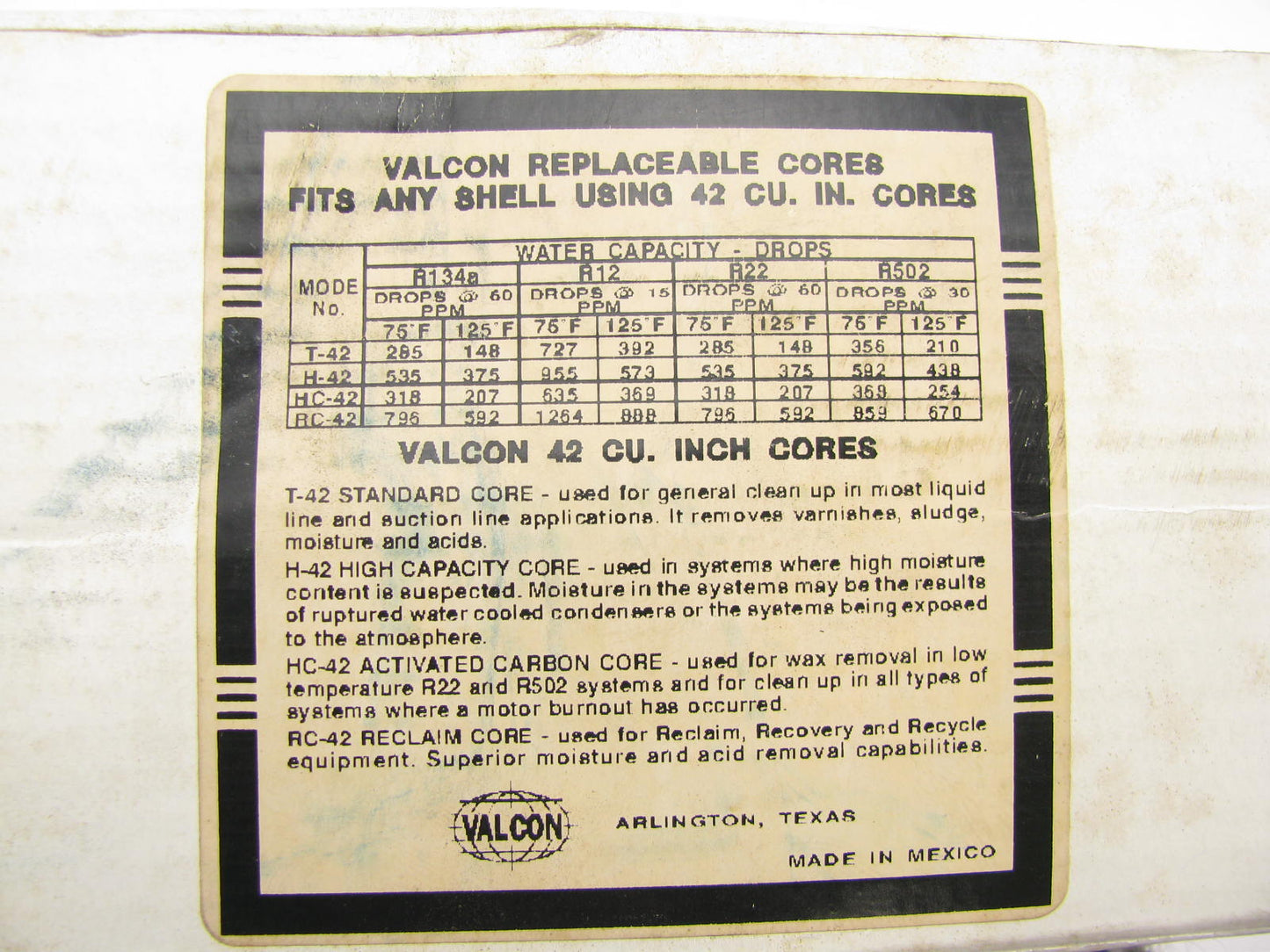 Valcon T42 Moisture And Acid Removal Standard Core