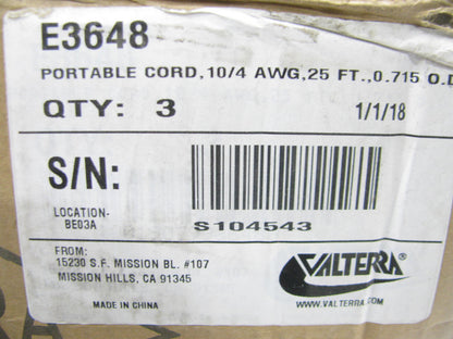 25 FEET- Valterra E3648 PORTABLE CABLE CORD, 10 AWG, 4 STRANDS, 600V Max