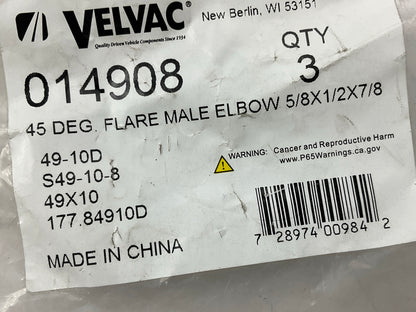 (3) Velvac 014908 Brass SAE 45° Flare Fitting, Male Elbow 5/8'' X 1/2'', 7/8'' -14