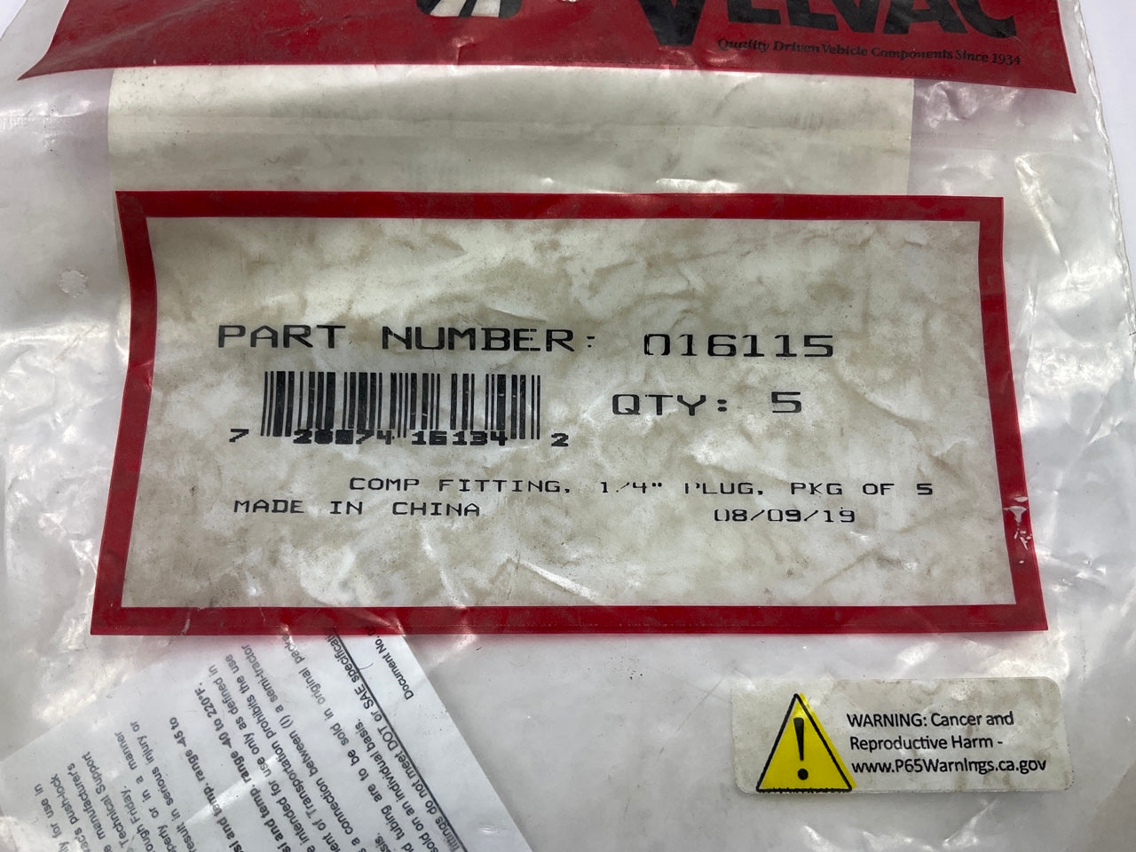 5 / PACK - Velvac 016115 Push-Lock Air Brake Fitting, Composite Plug, 1/4''