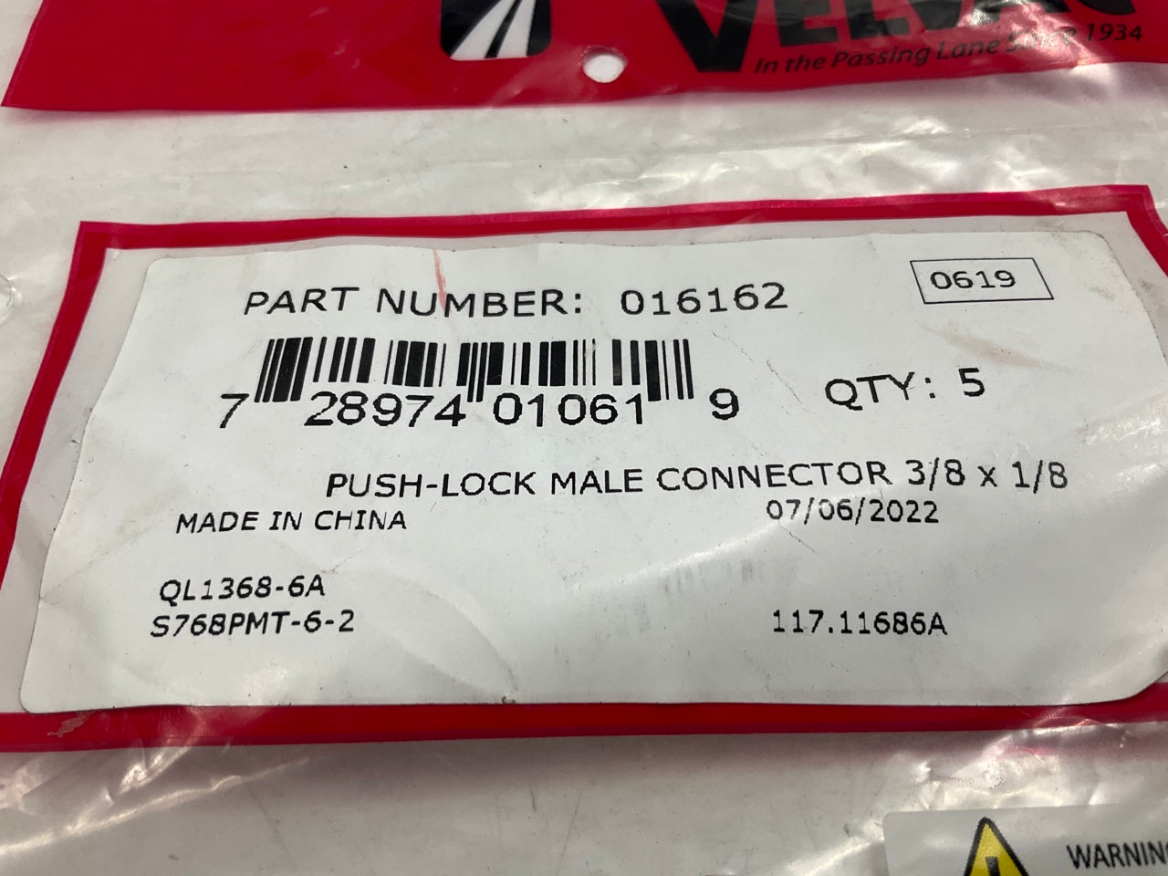 (10) Velvac 016162 Push-Lock Air Brake Fitting, Male, Brass, 3/8'' X 1/8''