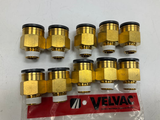 (10) Velvac 016163 Push-Lock Air Brake Fitting, Male, Brass, 5/8'' X 3/8''