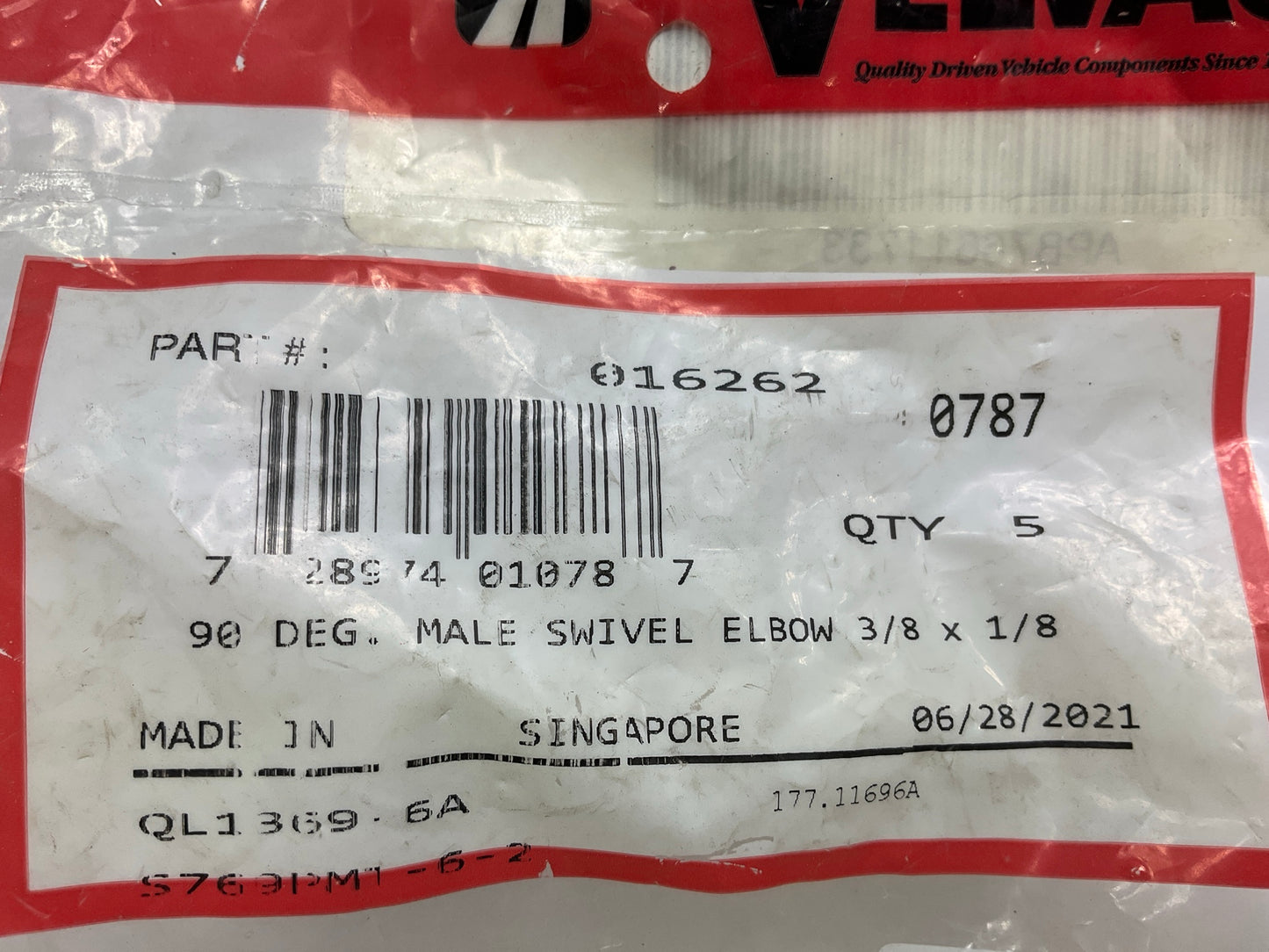 (5) Velvac 016262 Push-Lock Air Brake Fitting, 90° Male Swivel Elbow, 3/8 X 1/8''