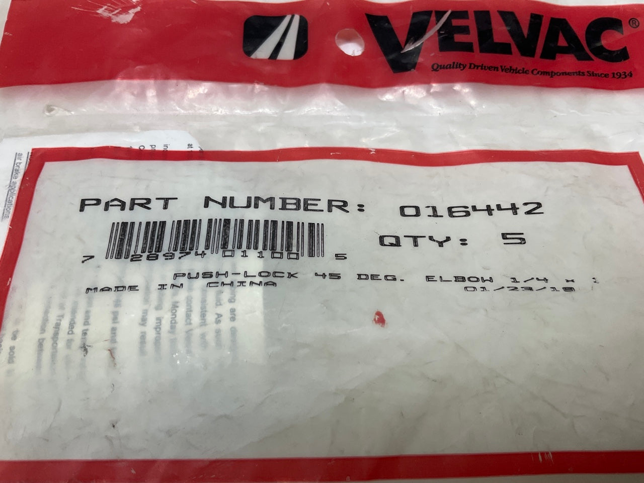 (5) Velvac 016442 Push-Lock Air Brake Fitting 45° Male Swivel Elbow, 1/4'' X 1/8''