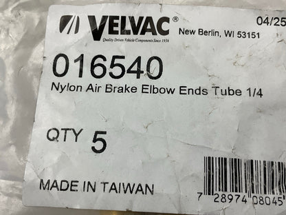 (5) Velvac 016540 - Nylon Air Brake 90 Degree Elbow Ends Tube 1/4'' Fittings