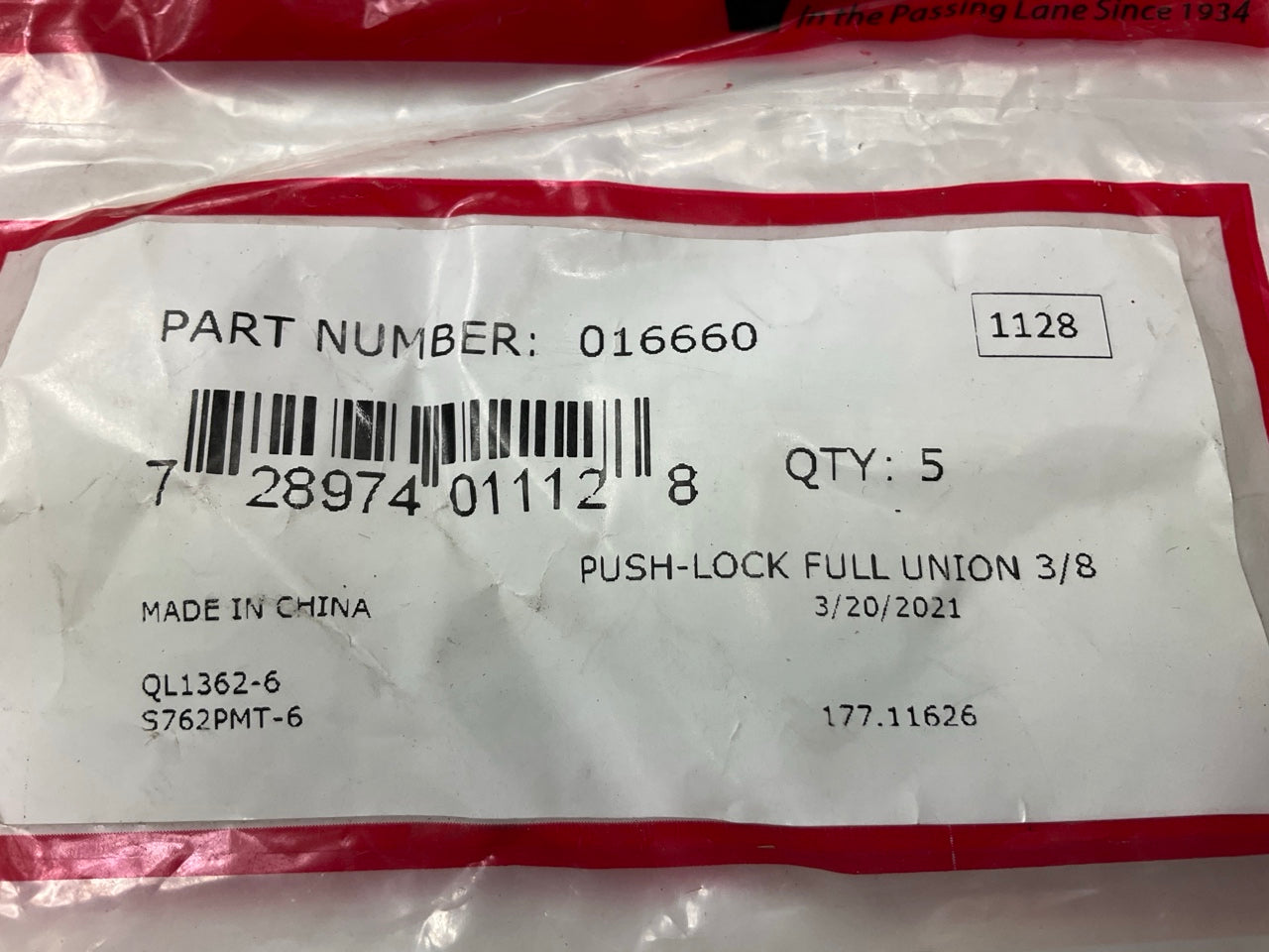 (5) Velvac 016660 Push-Lock Air Brake Fitting, Full Union, 3/8''