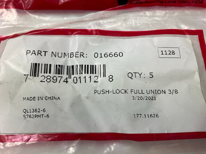 (5) Velvac 016660 Push-Lock Air Brake Fitting, Full Union, 3/8''