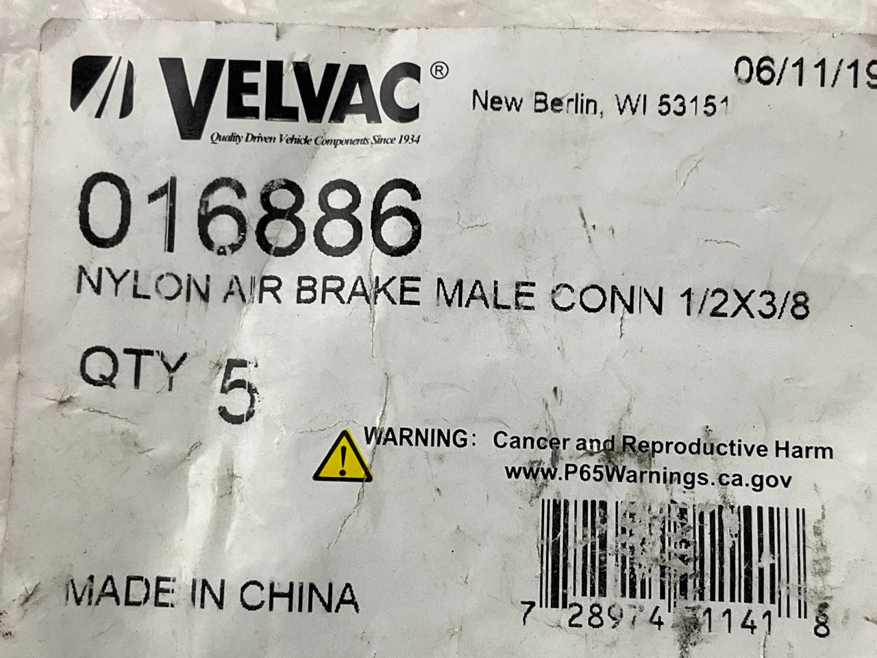 (5) VELVAC Air Brake Fitting DOT Approved 1/2'' Tube 3/8'' NPT Male Connector