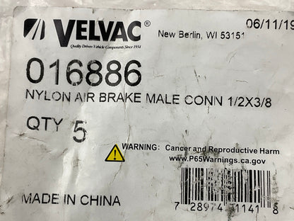 (5) VELVAC Air Brake Fitting DOT Approved 1/2'' Tube 3/8'' NPT Male Connector