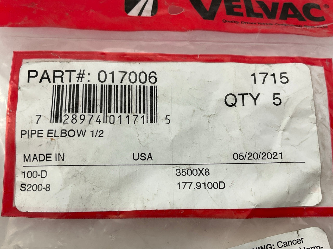 (5) Velvac 017006 Pipe Elbow 90 Degree Fittings, Brass, 1/2''