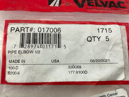 (5) Velvac 017006 Pipe Elbow 90 Degree Fittings, Brass, 1/2''